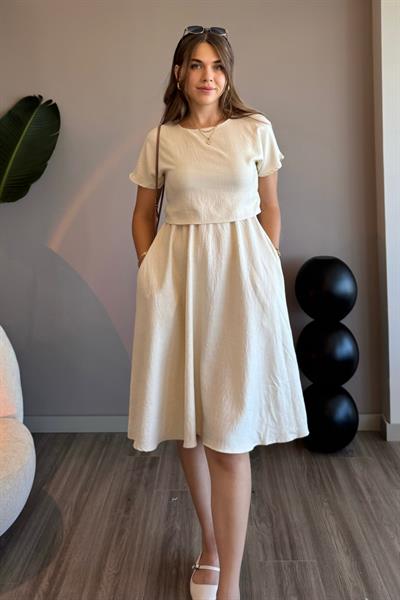 Takım Görünümlü Cepli Bej Midi Elbise