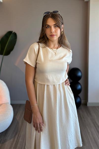 Takım Görünümlü Cepli Bej Midi Elbise