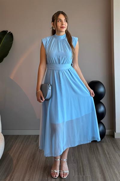 Taşlı Kemer Detaylı Mavi Şifon Elbise