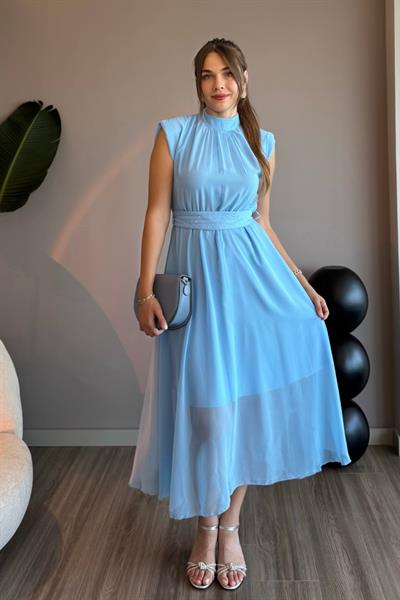 Taşlı Kemer Detaylı Mavi Şifon Elbise