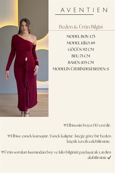 Tek Omuz Fırfırlı Çıkarılabilir Aksesuar Detaylı Bordo Elbise