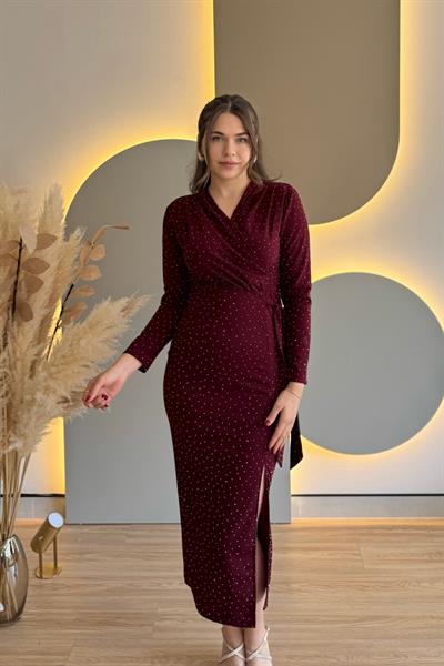 Vatkalı Bağlamalı Yırtmaçlı Taşlı Bordo Midi Elbise