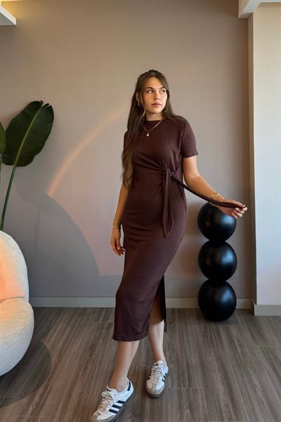 Yandan Bağlamalı Modal Kumaş Kahverengi Midi Elbise