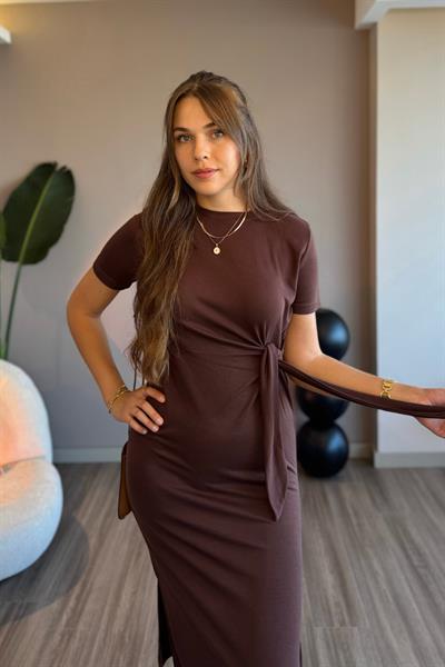 Yandan Bağlamalı Modal Kumaş Kahverengi Midi Elbise