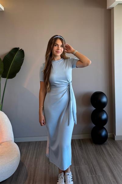 Yandan Bağlamalı Modal Kumaş Mavi Midi Elbise