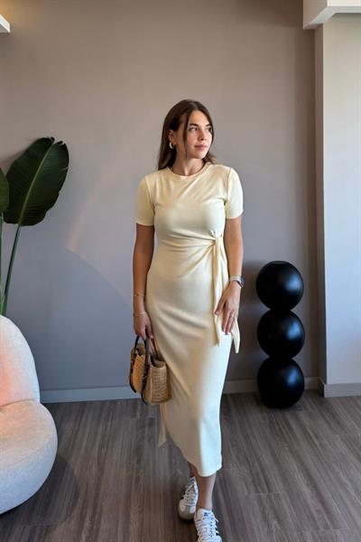 Yandan Bağlamalı Modal Kumaş Sarı Midi Elbise