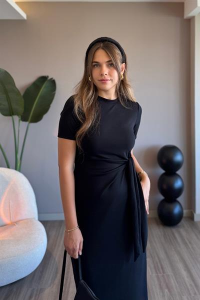 Yandan Bağlamalı Modal Kumaş Siyah Midi Elbise