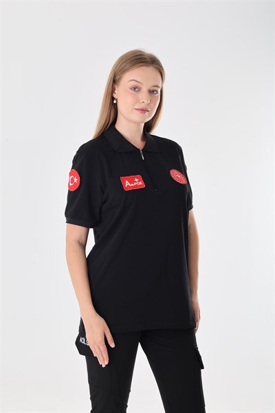 112 Acil Sağlık Siyah Fermuarlı Penye T-shirt (Unisex)