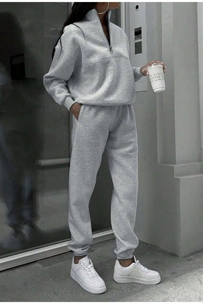Kadın Yarım Fermuarlı 3 İplik Şardonlu Eşofman Takımı – Dik Yaka Sweatshirt & Jogger Pantolon