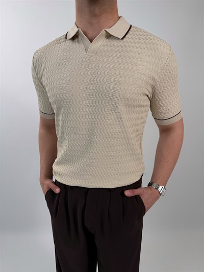 Örgü Desenli Triko Polo Yaka Tişört