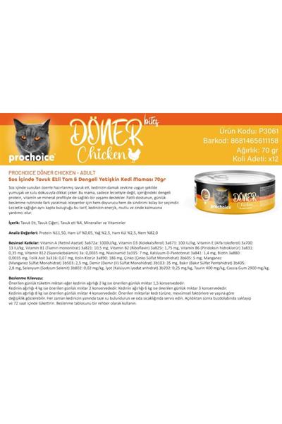 Döner Bites Sos İçinde Tavuk Etli Yetişkin Kedi Konservesi 70 Gr