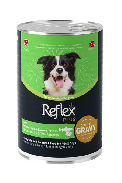 Plus Sos İçinde Et Parçacıklı Beyaz Balıklı ve Tatlı Patatesli Yetişkin Köpek Maması 3X400gr