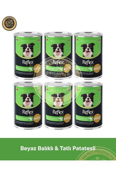Plus Sos İçinde Et Parçacıklı Beyaz Balıklı ve Tatlı Patatesli Yetişkin Köpek Maması 6x400gr