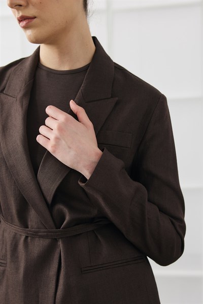 Acı Kahve Biye Kemerli Keten Blazer