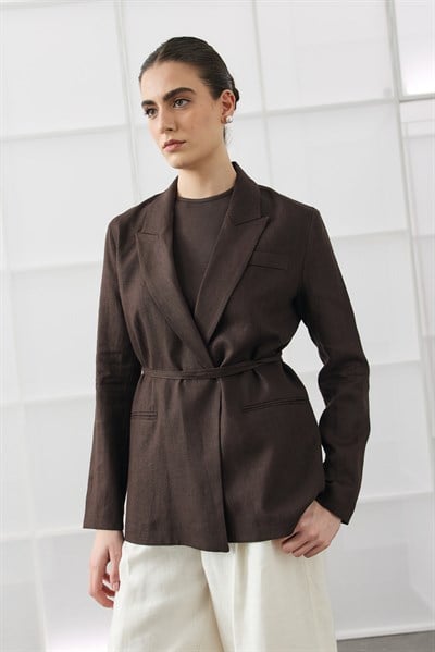 Acı Kahve Biye Kemerli Keten Blazer
