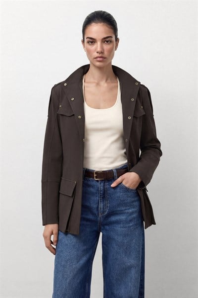 Acı Kahve Dik Yaka Safari Ceket