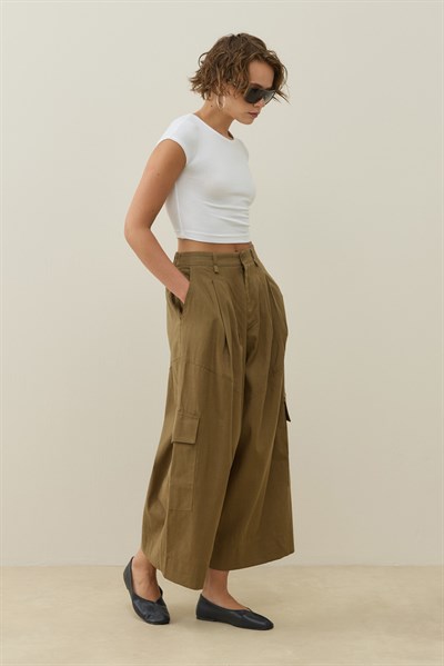 Acı Kahve Kargo Cepli Crop Keten Pantolon