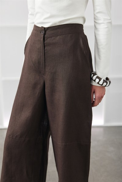 Acı Kahve Kesik Detaylı Crop Keten Pantolon