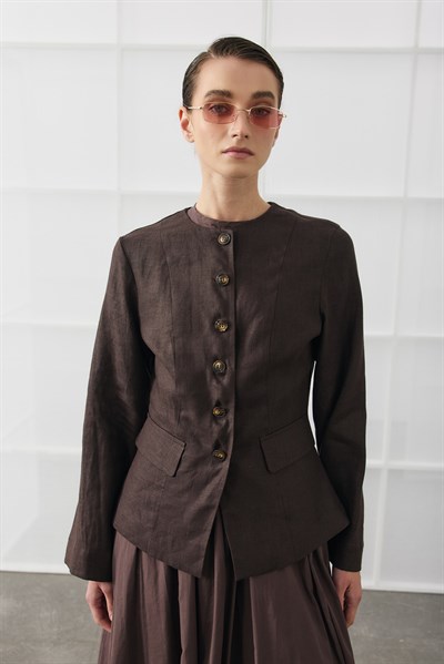 Acı Kahve Keten Blazer Detaylı Elbise
