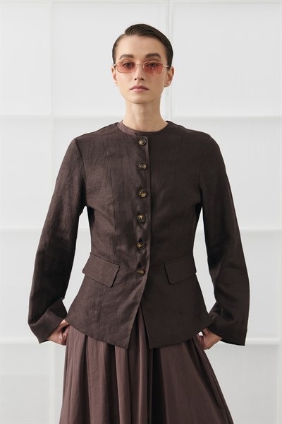 Acı Kahve Keten Blazer Detaylı Elbise