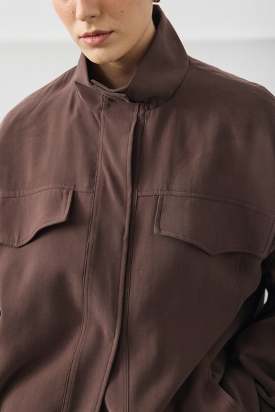 Acı Kahve Oversize Dik Yakalı Bomber Ceket