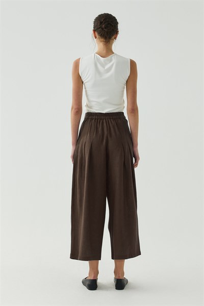 Acı Kahve Pileli Crop Bol Keten Pantolon