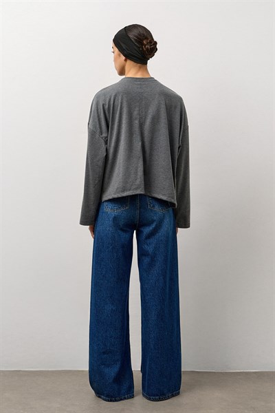 Antrasit Dikiş Detaylı Bisiklet Yaka Basic T-Shirt