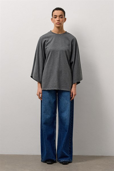 Antrasit Geniş Kollu Uzun Basic T-Shirt