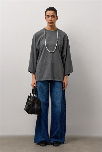 Antrasit Geniş Kollu Uzun Basic T-Shirt