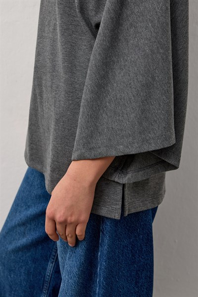 Antrasit Geniş Kollu Uzun Basic T-Shirt