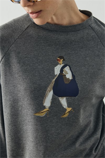 Antrasit Molene Big Bag Girl Baskılı Uzun Kol T-shirt