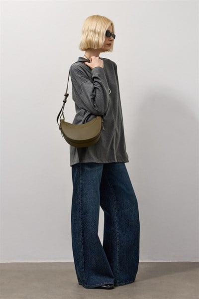 Antrasit Oversize Kesim Uzun Kollu Basic T-Shirt
