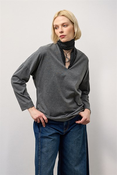 Antrasit V Yaka Uzun Kollu Basic T-Shirt