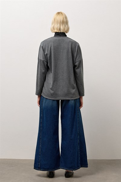 Antrasit V Yaka Uzun Kollu Basic T-Shirt