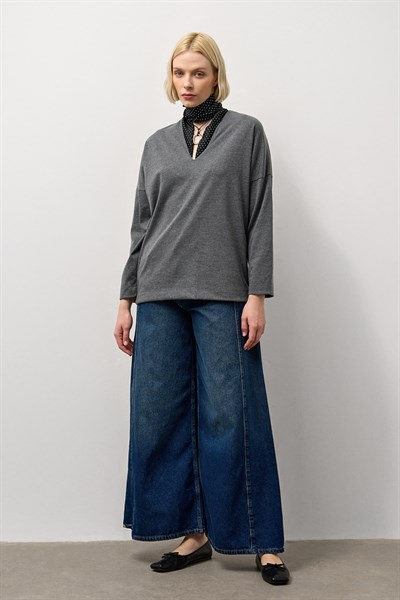 Antrasit V Yaka Uzun Kollu Basic T-Shirt