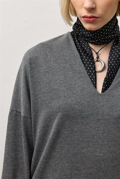 Antrasit V Yaka Uzun Kollu Basic T-Shirt