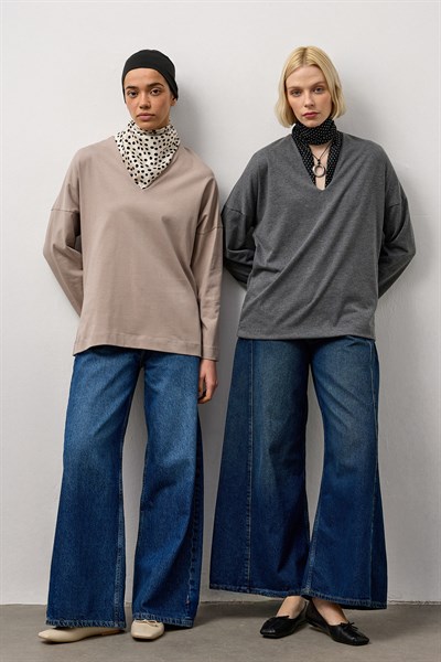 Antrasit V Yaka Uzun Kollu Basic T-Shirt