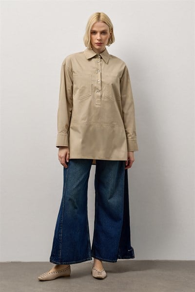 Bej Önü Çıtçıt Detaylı Gabardin Gömlek