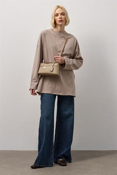 Bej Oversize Kesim Uzun Kollu Basic T-Shirt