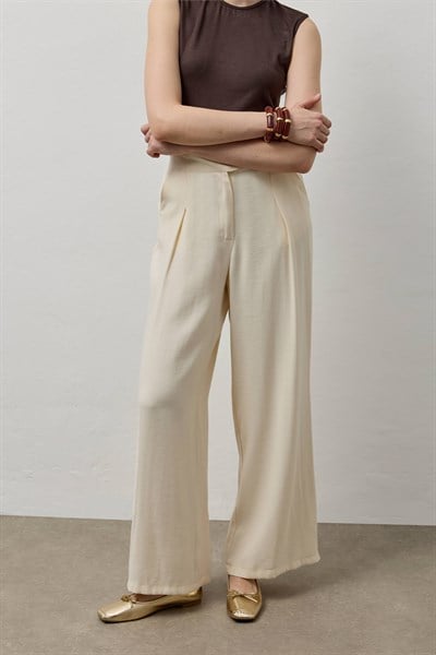 Bej Pile Detaylı Palazzo Pantolon