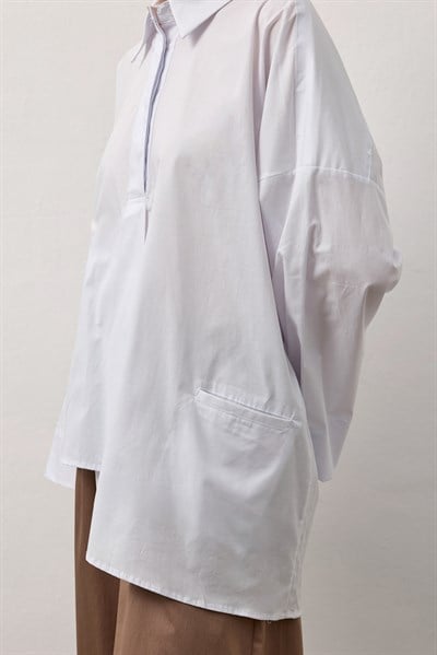Beyaz Asimetrik Oversize Gömlek