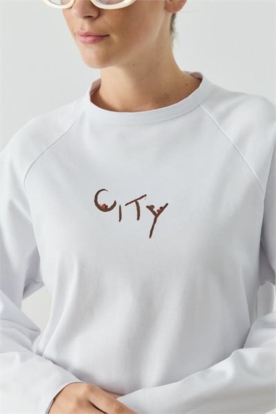 Beyaz City Baskılı Uzun Kol T-shirt
