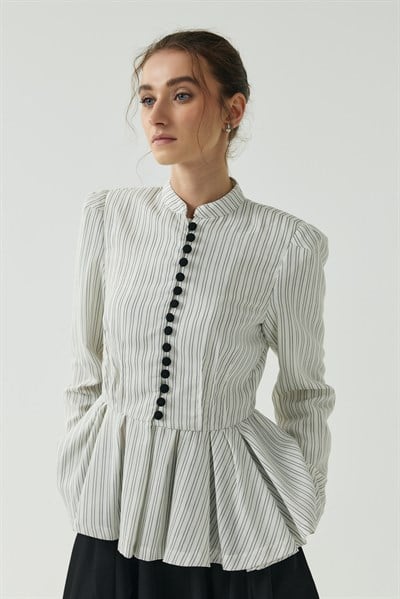 Beyaz Çizgili Peplum Blazer