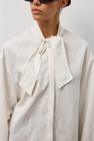 Beyaz Fular Yaka Çizgili Gömlek