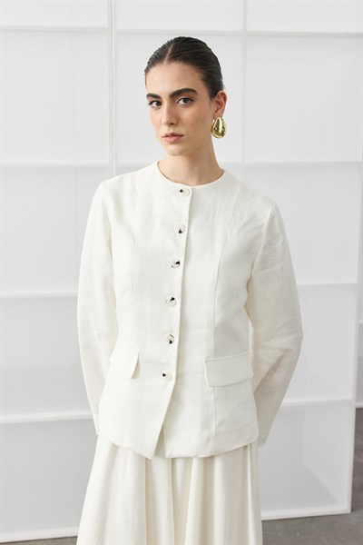Beyaz Keten Blazer Detaylı Elbise