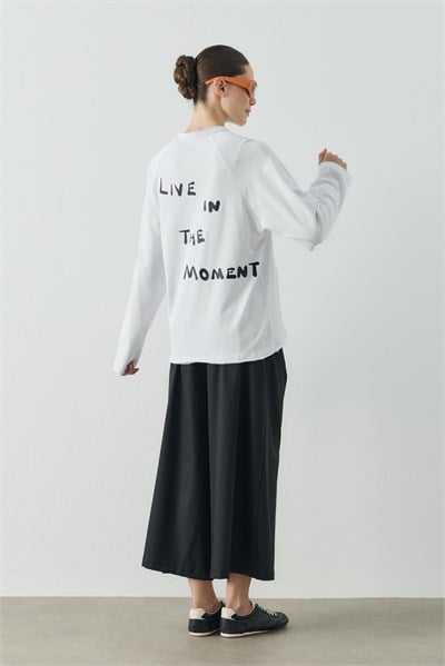 Beyaz Live In The Moment Baskılı Uzun Kol T-shirt
