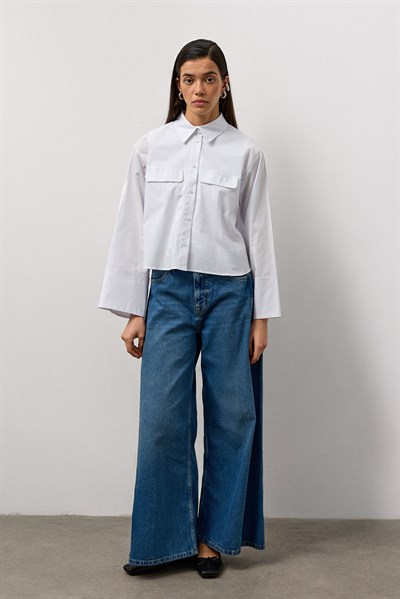 Beyaz Geniş Kol Mini Gömlek