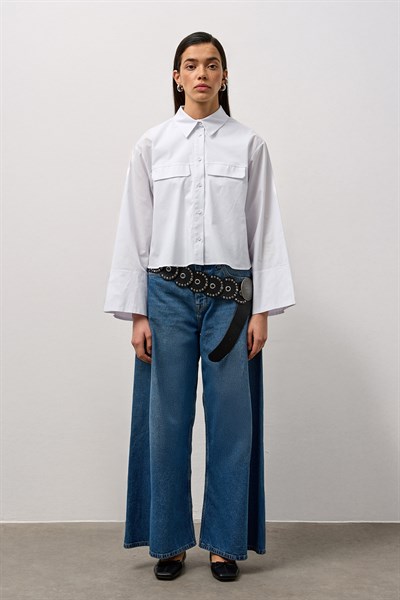 Beyaz Geniş Kol Mini Gömlek