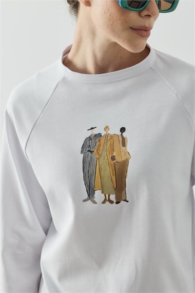 Beyaz Molene Girls Baskılı Uzun Kol T-shirt