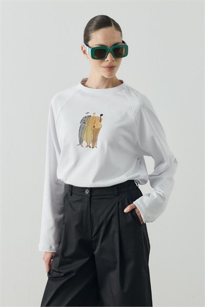 Beyaz Molene Girls Baskılı Uzun Kol T-shirt